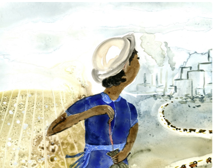 Painting of a Black girl looking toward the city from farmland Painting of a Black girl looking toward the city from farmland